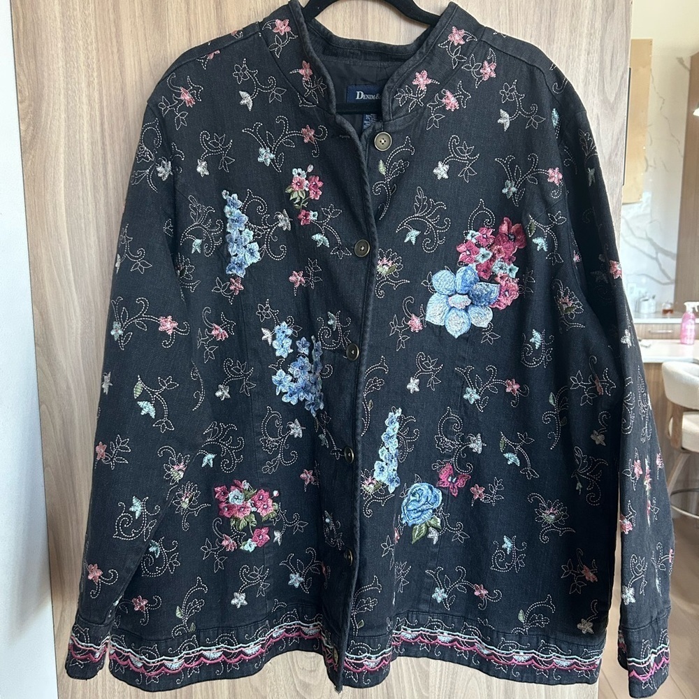 Denim & Co Black Jean Denim Jacket Floral Embroidery Lined Y2K  Plus Size 3x